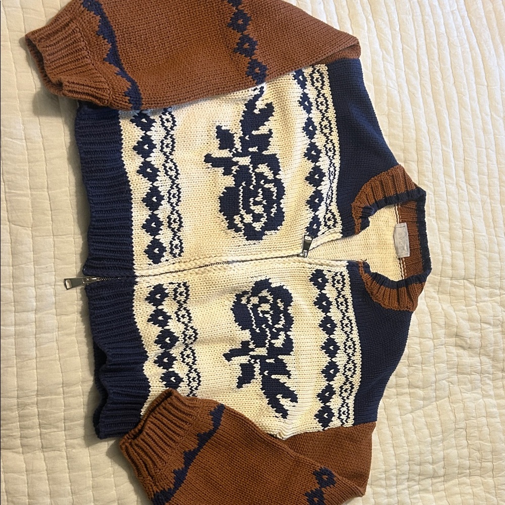 Sage Knit Sweater with Blue and Brown Accents